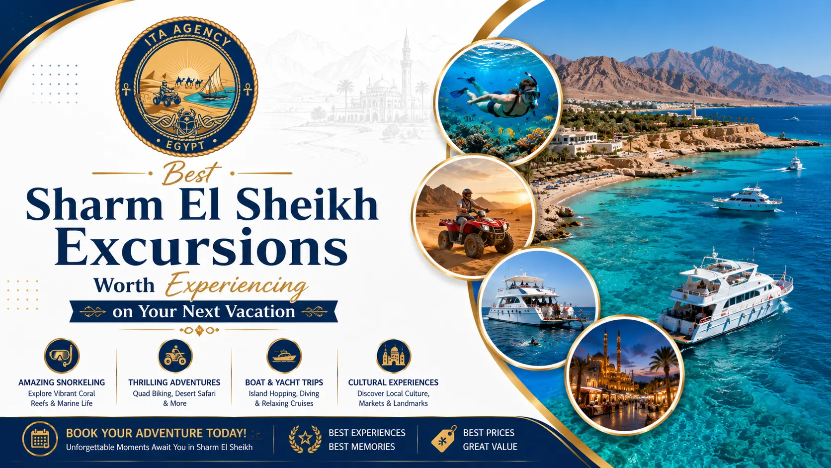 Best Sharm El Sheikh Excursions Worth Experiencing on Your Next Vacation Discover the Magic of Sharm El Sheikh Adventures Sharm El Sheikh is one of Egypt’s most stunning resort destinations, famous for its crystal-clear waters, colorful coral reefs, golden deserts, and world-class activities for travelers of all ages. Whether you are a lover of marine life, desert adventures, or relaxing boat trips, this city offers some of the most unforgettable excursions in the Red Sea region. Best Sharm El Sheikh Excursions Worth Experiencing on Your Next Vacation include a wide variety of sea, desert, and adventure activities that combine relaxation with excitement. From diving in Ras Mohamed to quad biking in the desert and glass boat cruises, every experience reveals a different side of this beautiful destination. With ITA Agency, travelers can enjoy professionally organized excursions with high-quality service, expert guides, and smooth transportation for a hassle-free holiday experience. Why Sharm El Sheikh Is a Top Travel Destination Sharm El Sheikh is located at the southern tip of the Sinai Peninsula and is surrounded by some of the richest marine ecosystems in the world. The city is known for its year-round sunshine, luxury resorts, and easy access to world-famous diving sites such as Ras Mohamed National Park and Tiran Island. It is a perfect destination for both relaxation and adventure. Visitors can enjoy snorkeling, diving, desert safaris, yacht trips, and cultural experiences all within one location, making it one of the most diverse travel destinations in Egypt. Diving Excursion to Ras Mohamed or Tiran Island One of the most unforgettable experiences in Sharm El Sheikh is a full diving trip to Ras Mohamed or Tiran Island. Diving Tour Details Price: 80 € per person This excursion includes: Round-trip hotel transfer English-speaking guide Boat trip to Ras Mohamed or Tiran Island 2 diving stops in top coral reef locations Full diving equipment Lunch on board Drinks throughout the trip During the journey, guests sail through the stunning waters of the Red Sea, reaching some of the most famous dive spots in the world. The underwater environment is filled with vibrant coral reefs, exotic fish, and crystal-clear visibility, making it ideal for both beginners and experienced divers. English, German, and Italian-speaking guides are available, while Czech and Polish guides may be available depending on scheduling and demand. This diving experience is one of the top-rated activities for marine adventure lovers visiting Sharm El Sheikh. Desert Quad Biking Adventure (3 Hours) For travelers who love adrenaline and desert exploration, the quad biking safari is one of the most exciting excursions in Sharm El Sheikh. Desert Quad Tour Details Price: 20 € per person What’s included: Round-trip hotel transfer English-speaking guide Quad bike ride through the desert Stop at a traditional Bedouin tent Bedouin tea experience The adventure begins with hotel pickup either at sunrise or sunset, followed by a thrilling ride across the golden Sinai desert dunes. Guests travel in groups, enjoying the excitement of off-road driving in a safe and guided environment. A highlight of the trip is the stop at a Bedouin camp, where visitors can relax and enjoy traditional herbal tea while learning about local desert culture. What to Bring: Sunglasses Sunscreen Comfortable clothing Kefiah scarf (available for purchase on site) This experience is perfect for adventure seekers looking to explore the desert landscape in an exciting and authentic way. Glass-Bottom Boat Tour Experience For those who prefer a relaxing marine adventure without diving or swimming, the glass-bottom boat tour is an excellent choice. Tour Details Price: 25 € per person Duration: Approximately 2 hours Itinerary: Hotel pick-up at scheduled time Boarding the glass-bottom boat at Sharm port Cruise over coral reef areas with underwater views Return transfer to hotel This excursion allows guests to enjoy the beauty of the Red Sea without getting wet. The glass panels on the boat provide a clear view of coral reefs, colorful fish, and marine life beneath the surface. It is especially suitable for families, children, and non-swimmers who still want to experience the magic of Sharm El Sheikh’s underwater world. What to Bring: Sunglasses Booking is simple via WhatsApp by providing your name, hotel, phone number, and room number. Explore the Beauty of Ras Mohamed National Park Ras Mohamed is one of Egypt’s most famous national parks and a highlight of any Sharm El Sheikh vacation. It is known for its incredible coral reefs, diverse marine life, and breathtaking coastal scenery. Visitors can enjoy snorkeling, diving, and boat trips in one of the most protected marine environments in the world. The combination of rich biodiversity and crystal-clear waters makes Ras Mohamed a must-visit destination for nature lovers. Experience the Magic of the Sinai Desert Beyond the sea, Sharm El Sheikh offers a completely different landscape in the Sinai Desert. Desert excursions allow travelers to discover dramatic mountain views, golden sand dunes, and traditional Bedouin culture. Whether riding quad bikes or enjoying a desert safari, visitors get a chance to experience the authentic beauty of Sinai. Sunset tours are especially popular, offering breathtaking views as the sun disappears behind the mountains. Why Choose ITA Agency for Sharm El Sheikh Excursions? ITA Agency provides carefully organized tours designed to deliver comfort, safety, and unforgettable experiences. With professional guides, reliable transportation, competitive prices, and easy booking via WhatsApp, travelers can enjoy stress-free excursions from start to finish. The agency focuses on high-quality service and personalized travel experiences, ensuring every guest enjoys the best of Sharm El Sheikh. Best Time to Visit Sharm El Sheikh Sharm El Sheikh is a year-round destination thanks to its warm climate and sunny weather. The best months for excursions are from March to November when sea conditions are ideal for diving and snorkeling, while winter months still offer pleasant temperatures for desert activities. Tips for Enjoying Your Excursions To make the most of your trip, it is recommended to bring sunscreen, sunglasses, comfortable clothing, swimwear for sea excursions, and a camera for capturing unforgettable moments. Planning ahead and booking early ensures availability and better travel arrangements. Conclusion Best Sharm El Sheikh Excursions Worth Experiencing on Your Next Vacation offer a perfect mix of adventure, relaxation, and natural beauty. From diving in world-class coral reefs and exploring Ras Mohamed to riding quad bikes in the Sinai Desert and enjoying glass-bottom boat cruises, every experience reveals a new side of this incredible destination. With ITA Agency, travelers can enjoy well-organized tours, professional service, and unforgettable memories in one of Egypt’s most beautiful coastal cities. Whether you are an adventure seeker or a relaxation lover, Sharm El Sheikh has something special waiting for you.