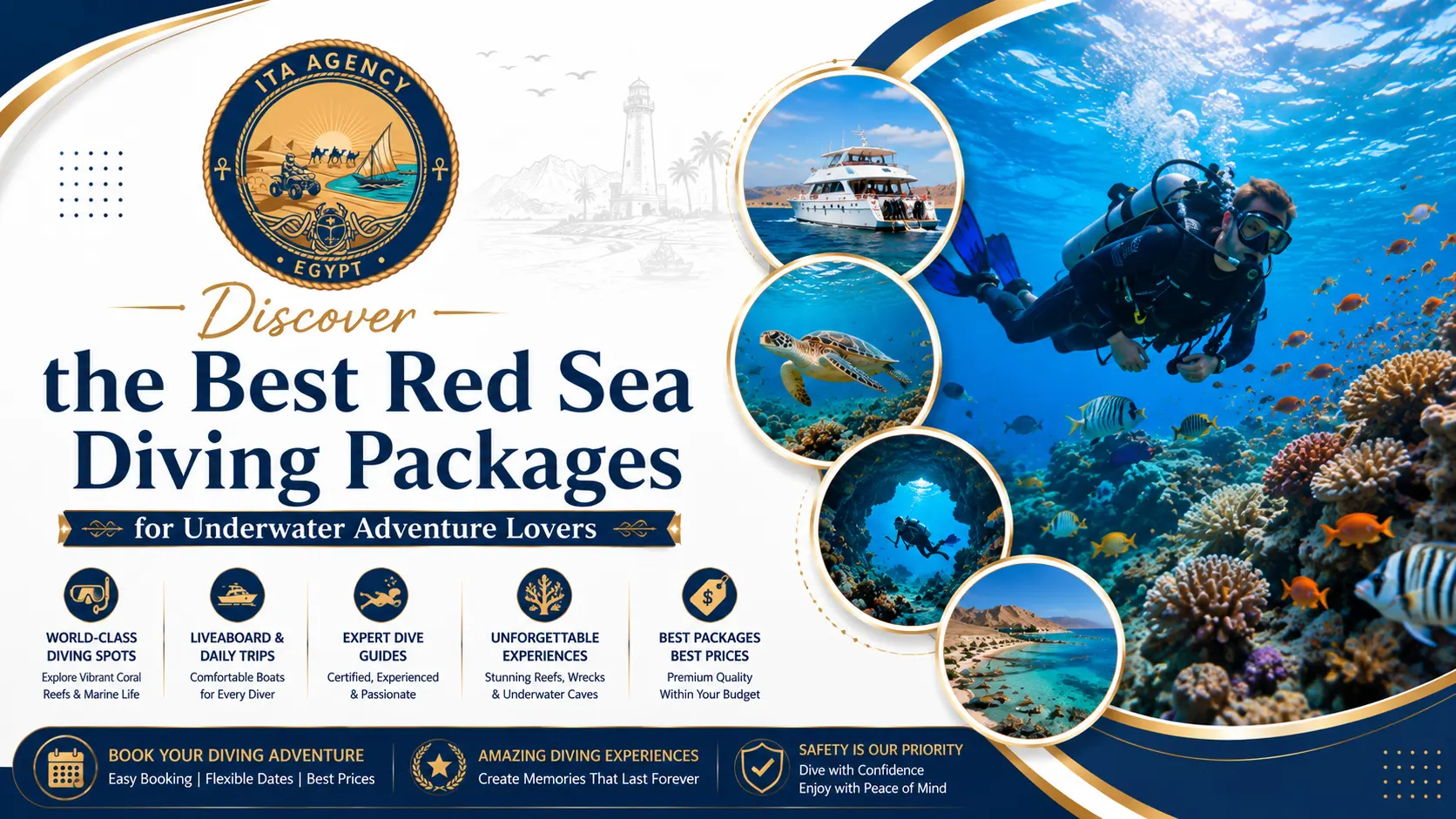 Discover the Best Red Sea Diving Packages for Underwater Adventure Lovers Explore One of the World’s Most Spectacular Underwater Destinations The Red Sea is widely recognized as one of the world's premier diving destinations, attracting thousands of underwater enthusiasts every year. Known for its crystal-clear waters, vibrant coral reefs, incredible marine biodiversity, and excellent visibility, the Red Sea offers unforgettable experiences for both beginners and experienced divers. Discover the Best Red Sea Diving Packages for Underwater Adventure Lovers and experience a world filled with colorful coral gardens, exotic fish, dramatic underwater landscapes, and exciting dive sites that rank among the finest on the planet. With ITA Agency, travelers can enjoy professionally organized diving excursions, certified diving programs, beginner-friendly experiences, and exclusive marine adventures designed to create memories that last a lifetime. Why the Red Sea Is a Paradise for Divers The Red Sea offers exceptional diving conditions throughout most of the year. Warm water temperatures, outstanding underwater visibility, healthy coral ecosystems, and abundant marine life make it one of the most sought-after diving destinations worldwide. Divers can encounter colorful reef fish, sea turtles, rays, moray eels, and countless marine species while exploring some of the most beautiful coral reefs in existence. Whether you are taking your first dive or are already a certified diver, the Red Sea provides endless opportunities for underwater exploration. Diving Excursion to Ras Mohamed or Tiran Island One of the most popular diving experiences available is a full-day diving excursion to Ras Mohamed National Park or Tiran Island. Diving Trip Details Price: 80 € per person The excursion includes: Round-trip hotel transfer English-speaking guide Boat trip to Ras Mohamed or Tiran Island Two diving stops at stunning coral reef locations All necessary diving equipment Lunch served onboard Soft drinks throughout the day Guests spend the day sailing through the beautiful waters of the Red Sea while exploring world-famous diving sites known for their exceptional marine biodiversity and breathtaking coral formations. English, German, and Italian-speaking guides are available. Czech and Polish-speaking guides may be available depending on availability. This excursion is ideal for travelers seeking a complete diving adventure combined with comfort and professional guidance. Beginner Diving Programs in Sharm El Sheikh If you have never tried diving before, Sharm El Sheikh offers excellent beginner programs that allow you to safely experience the underwater world without requiring a diving license. Shore Diving Experience Price: 45 € per person The program includes: Short safety briefing and diving instruction Professional instructor supervision One guided dive Depth ranging from approximately 6 to 12 meters Duration between 2 and 3 hours This experience provides an easy introduction to scuba diving while allowing participants to discover the beauty of the Red Sea in a safe and controlled environment. Full-Day Boat Diving Experience for Beginners For those looking for a more immersive experience, a full-day boat diving excursion offers an unforgettable introduction to underwater exploration. Program Highlights Price: 75 € per person Full day at sea One or two dives Visits to beautiful coral reef dive sites Lunch and drinks included Complete diving equipment provided This option allows beginners to enjoy some of the best dive locations while spending an entire day surrounded by the stunning scenery of the Red Sea. Certified Diver Packages Experienced and licensed divers can choose specialized programs designed to maximize underwater exploration. Full-Day Certified Diving Trip Price: 85 € per person The package includes: Two dives at different locations Professional dive guide Boat transportation Tank and weights Complete diving equipment Lunch and drinks This excursion provides access to some of the region's most impressive dive sites while ensuring a safe and enjoyable experience under professional supervision. Multi-Day Diving Packages For true diving enthusiasts, multi-day packages offer exceptional value and extended opportunities to explore the underwater treasures of the Red Sea. Five-Day Diving Package Price: 250 € per person Five diving days Up to ten total dives Access to multiple dive locations Professional support throughout the program These packages allow divers to fully immerse themselves in the extraordinary marine environment and experience a wide variety of underwater ecosystems. Earn Your PADI Open Water Certification For travelers who want to become certified divers, the PADI Open Water Course is one of the most popular programs available. Course Features Three to four days of professional training Comprehensive theory sessions Pool training exercises Open water diving sessions Internationally recognized PADI certification Upon successful completion, participants receive a certification that allows them to dive independently around the world. This course is the perfect first step for anyone interested in developing a lifelong passion for scuba diving. Glass-Bottom Boat Tour for Non-Divers Not everyone wants to dive beneath the surface, but that doesn't mean you have to miss the beauty of the Red Sea. Glass-Bottom Boat Tour Price: 25 € per person Duration: Approximately 2 hours The excursion includes: Hotel pickup at the scheduled time Transfer to Sharm Port Boarding a glass-bottom boat Cruising above coral reefs with full underwater views Return transfer to your hotel The glass-bottom boat allows visitors to admire colorful coral reefs and fascinating marine life without entering the water. This excursion is especially popular among families, children, seniors, and travelers who prefer a relaxing sightseeing experience. Discover the Incredible Marine Life of the Red Sea The Red Sea is home to one of the most diverse marine ecosystems in the world. Divers and snorkelers regularly encounter schools of tropical fish, vibrant coral formations, sea turtles, reef sharks, rays, and countless other fascinating species. Each dive offers a unique experience and an opportunity to witness the remarkable biodiversity that has made the Red Sea internationally famous. Why Choose ITA Agency for Your Diving Adventure? For more than a decade, ITA Agency has been creating premium travel experiences throughout Egypt. The company offers professionally organized diving excursions, certified training programs, customized travel packages, and exceptional customer support. Travelers benefit from experienced guides, carefully selected dive operators, reliable transportation, competitive pricing, and easy booking services. Whether you are taking your first breath underwater or exploring advanced dive sites, ITA Agency ensures a safe, enjoyable, and unforgettable experience. Best Time to Dive in the Red Sea The Red Sea offers excellent diving conditions throughout the year. The most popular months range from March to November when water temperatures are warm and visibility is exceptional. Winter months also provide fantastic diving opportunities thanks to the region’s mild climate and clear waters. Regardless of the season, divers can expect outstanding underwater experiences in one of the world's most celebrated marine destinations. Tips Before Your Diving Experience Before joining any diving excursion, ensure you follow all safety instructions provided by your guide or instructor. Bring swimwear, sunscreen, sunglasses, a towel, and comfortable clothing for the boat trip. Arriving well-rested and staying hydrated throughout the day will help you fully enjoy your diving adventure. Most importantly, relax and enjoy the incredible beauty waiting beneath the surface. Conclusion Discover the Best Red Sea Diving Packages for Underwater Adventure Lovers and experience one of the most extraordinary underwater worlds on Earth. Whether you choose a beginner diving program, a full-day excursion to Ras Mohamed or Tiran Island, a professional certification course, or a relaxing glass-bottom boat tour, the Red Sea offers unforgettable experiences for every traveler. With expert planning, professional guides, premium equipment, and outstanding customer service, ITA Agency helps visitors explore the breathtaking beauty of Egypt’s underwater paradise while creating memories that will last a lifetime.